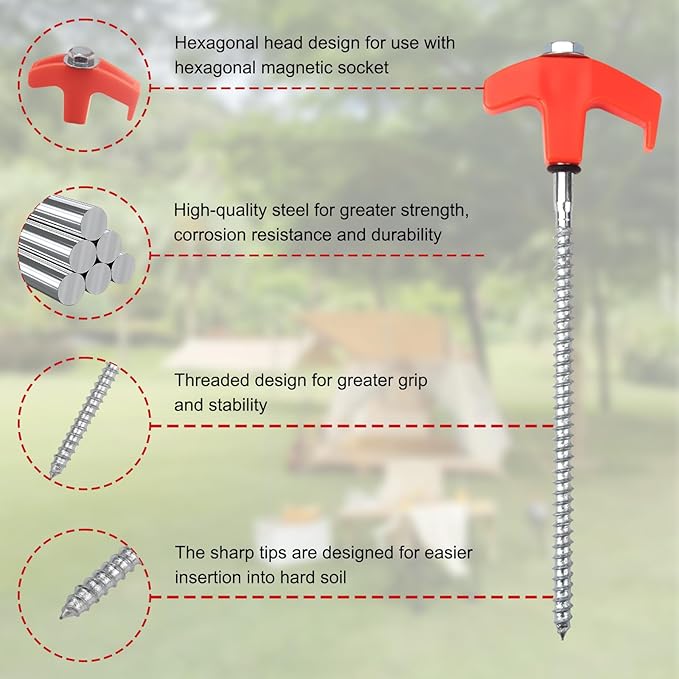 12 Pcs Tent Stakes Heavy Duty, 8 inch Ground Anchors Screw in, Screw in Tent Stakes, Camping Stakes with Storage Box, Threaded Tent Spikes with Hex Head Driver and Stake Puller, Ground Stakes