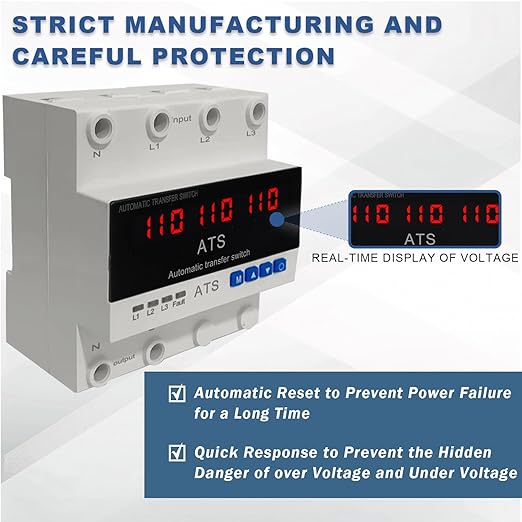 4P Automatic Transfer Switch with LCD Display, 63A Triple Power ATS with 3 Digital Displays for Input Real-Time Volrage Monitoring, Automatic Changeover for Utility/Generator/Solar