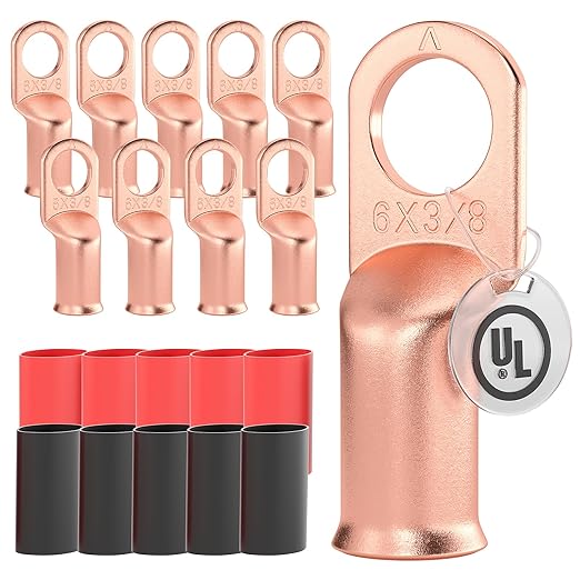AIRIC 10 PCS UL Listed 6 AWG - 3/8" Battery Cable Lugs, Heat Shrink Ring Terminals End, Copper Cable Ends, Wiring Connector Terminal, Electrical Crimp Connectors, Wire Lug for 6 Gauge Wires