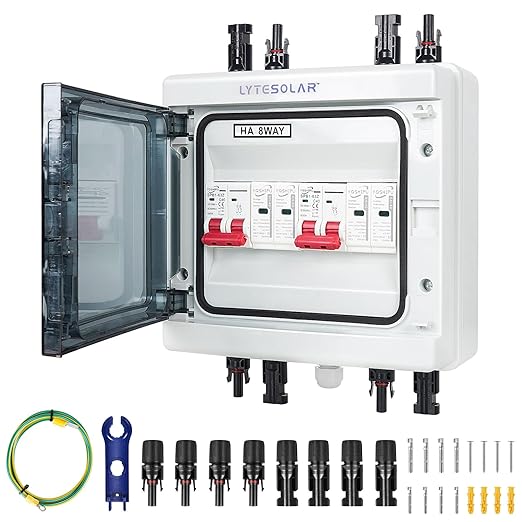 2 String 1000V PV Combiner Box 2 in 2 Out, Dual String 63A DC Circuit Breaker with Solar Disconnect Function, Surge Protection, IP65 Weather-Resistant Enclosure
