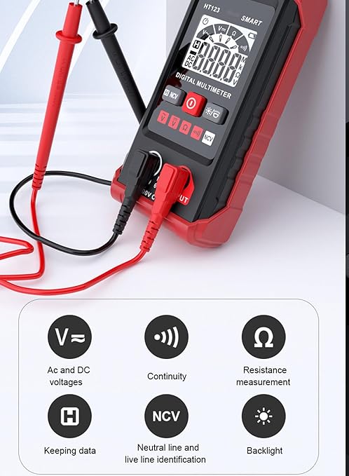 Generic HT123 Digital Multimeter - Automatic Digital Multimeter - Smart Measurement - Electrical Tester Voltmeter Multimeter - Auto-Ranging Voltmeter Non-Contact Voltage Tester, Red