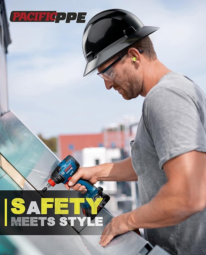 PACIFIC PPE Full Brim Hard Hat, OSHA Construction Safety Helmet Certified to ANSI Z89, 4 Point Adjustable Ratchet Suspension, Class E, G & C, Black