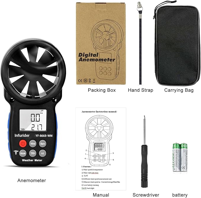 HoldPeak Handheld Anemometer Barometer, Weather Meter for Wind Speed, Temperature, Humidity, Dew Point, Altitude, Barometric Pressure, Wind Chill Measuring, Digital Wind Guage 866B-WM