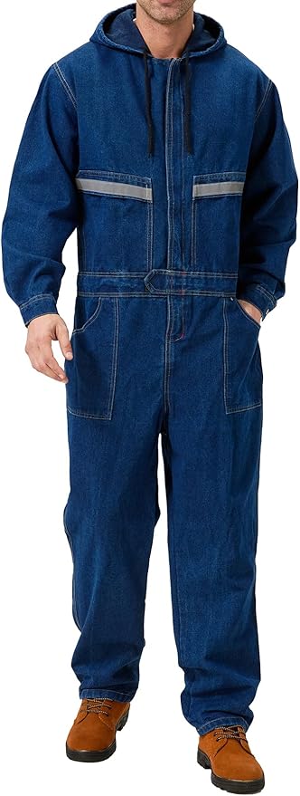 Mens Denim Work Coveralls with Hood Heavy Duty Work Jumpsuit Loose Fit Coverall Hi Viz Mechanic Jeans Overalls