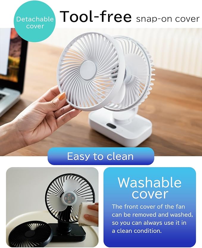 Oscillating Small Desk Fan, with USB Rechargeable Battery, Ultra Quiet, 4 Speeds, 13-Hour Runtime, Wall-Mount Option, Quiet Fan, Home, Bedroom and Office, White