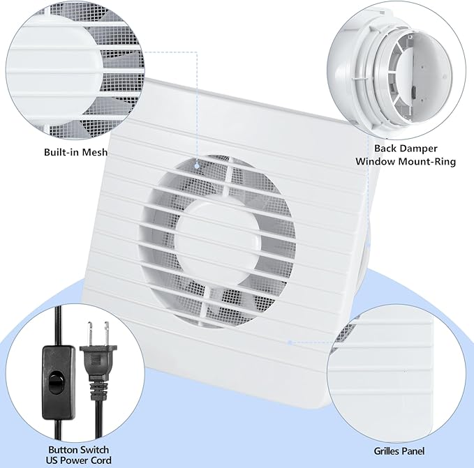 4inch Exhaust Fan, Window Wall Mount Vent Extractor Fan w/Button Switch, Cord for Kitchen Bathroom Workshop Garage (Grilles Panel with Mesh)