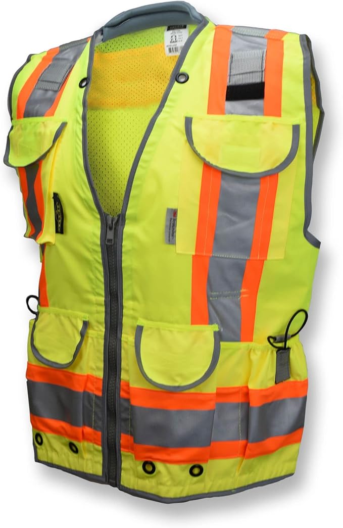 Radians SV55 Class 2 Heavy Woven Two Tone Engineer Vest with Padded Neck to Support Extra Weight in Cargo Pockets, Green, 4X-Large