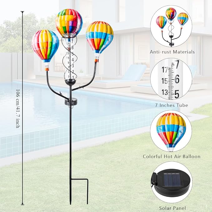 Solar Rain Gauge, Hot Air Balloon Rain Gauge Outdoor, Metal Rain Measure Gauge with 7 Inch Tube, Decorative Rainfall Measurement for Patio, Lawn, Garden