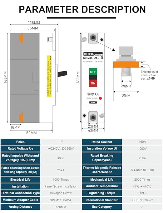DIHOOL Main 160 Amp DC Circuit Breaker, 240V Battery Disconnect Switch, Master Switch for Car RV Marine Boat Truck Trolling