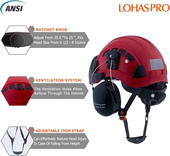 LOHASPRO Arborist Forestry Helmet Safety Hard Hat with Visor and Ear Muffs for Tree Service Logging Cutting Wood Chainsaw Helmet Garden Work Trimming Mowing(P91 Red+Smoked Visor+Earmuff)