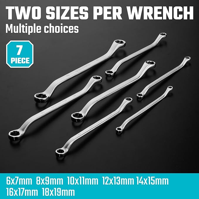 DURATECH 7-Piece Anti-slip Offset Box Wrench Set, Bolt Extractor Wrench Set, Metric, 6-19mm, 50-Degree Offset, CR-V Steel, with Rolling Pouch
