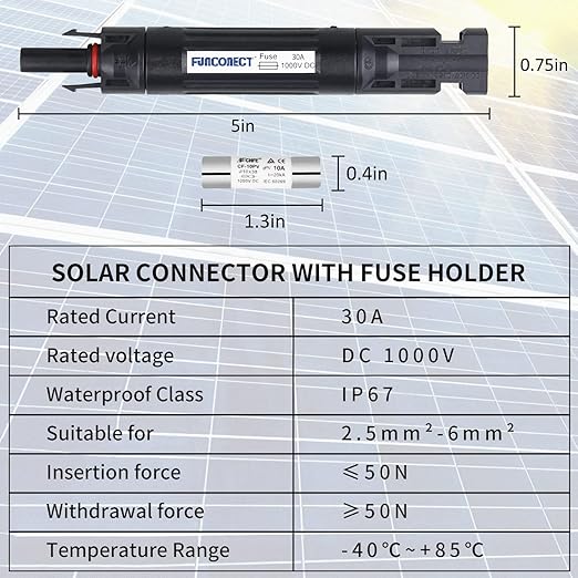 Solar Panel Connector, 30A Connectors for Solar Panels, Male/Female IP67 Waterproof 1000v DC with Fuse Holder (1 Pair)