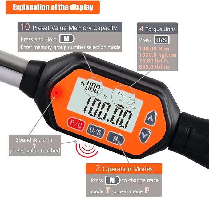 Professional 1/2-Inch Drive Digital Torque Wrench with Buzzer & LED, 3-100 Nm, Accurate to 2%, Calibrated for Reliable Performance - Ideal Bike & Car Repair Tool