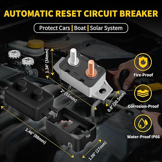 50 Amp Automatic Reset Circuit Breaker with Cover Stud Bolt, 6 Pieces 12V-24V DC for Automotive Marine Boat Car RV Truck Solar System and More, IP66 Waterproof (Black Cover)
