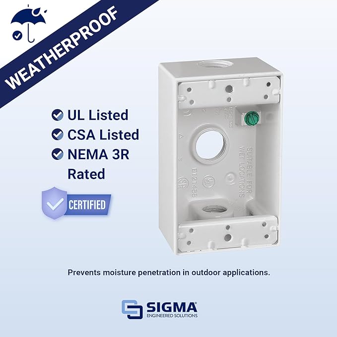 SIGMA ENGINEERED SOLUTIONS 14250WH Metal Electrical Outlet Box, Weatherproof, Easy Mount Plug and Receptacle Protector, White, (3) 1/2-Inch Holes, 1 Gang Box