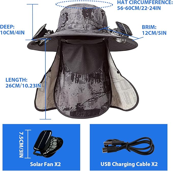 Solar Fan Hat, Wide Brim Sun Hat with 2 Solar Fan, Removable Neck Cap and Face Mask, Hat with Solar Fans Built in, Fishing Hat with Fan for Men, Waterproof Outdoor Hiking Camping Fishing Hat Grey