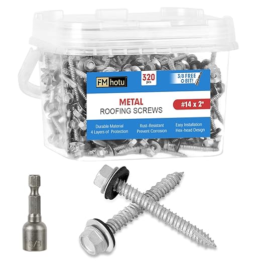 Metal Roofing Screws #14×2Inch, 320-PCS, Hex Head Rustpert Coating Sheet Metal to Wood Siding Screw with EPDM Rubber Washer, Sharp Point, Hex Socket Included