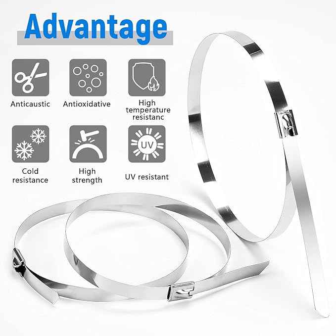 Metal Zip Ties 48 Inch, 500Lb Extra Long Stainless Steel Cable Ties, Heavy Duty Self-Locking Strap Ties, Strength for Exhaust Wrap, Garden Ties, pipes, Outdoor UV Resistant Large Tie Wraps 30 Pcs