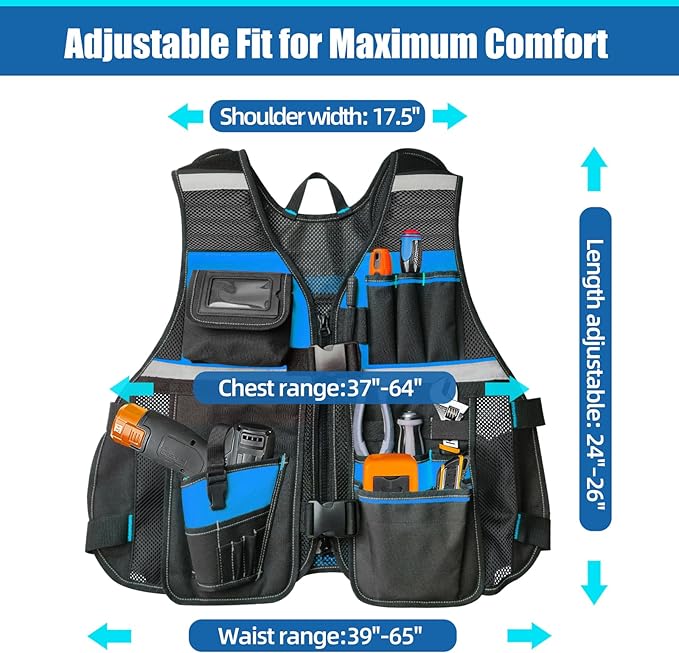 Electrician Tool Vest for Men, Tool Vest Electrician with Molded Drill Holster, 1680D Heavy Duty Adjustable Work Vest, Reflective Workwear with 16 Storage Spaces (Blue)