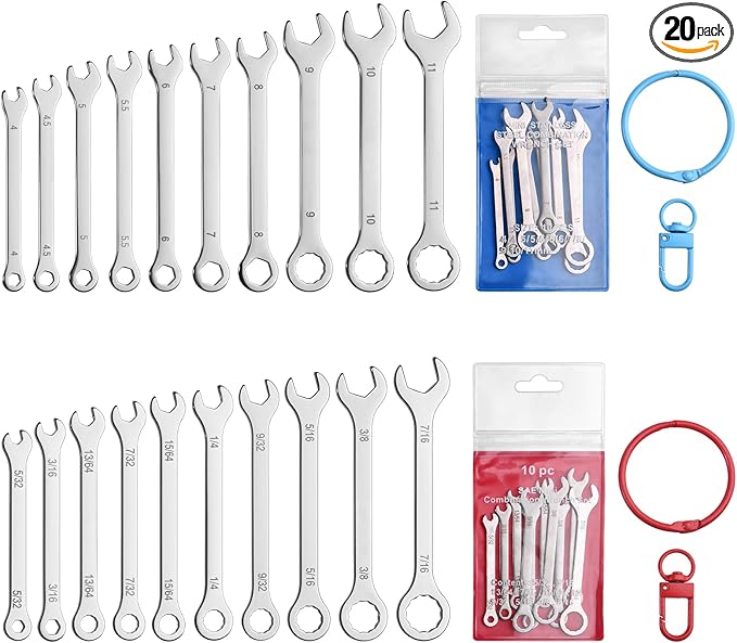 20Pcs Ultra-Thin Standard Metric and SAE 4mm-11mm & 5/32"-7/16" Mini Wrench Set Stainless Steel Open End and Box End Combination Wrench Set with Circle Ring,Gate Clip in Pouch