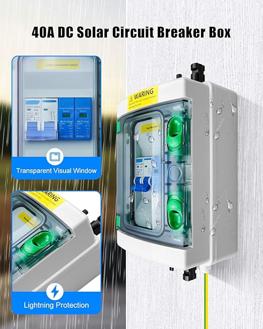 40A DC Solar Disconnect Switch – IP65 PV Circuit Breaker Box, 500V PV Disconnect Switch with Surge Protector & Solar Panel Connectors (Plug-and-Play)