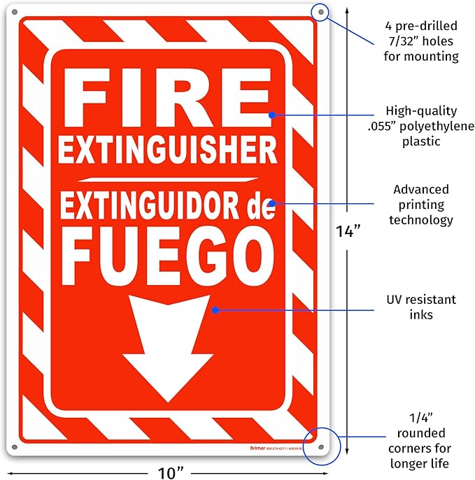 Brimar - 10 x 14" - Bilingual Fire Extinguisher Sign - Polyethylene Plastic - Bilingual Design - Easy Installation