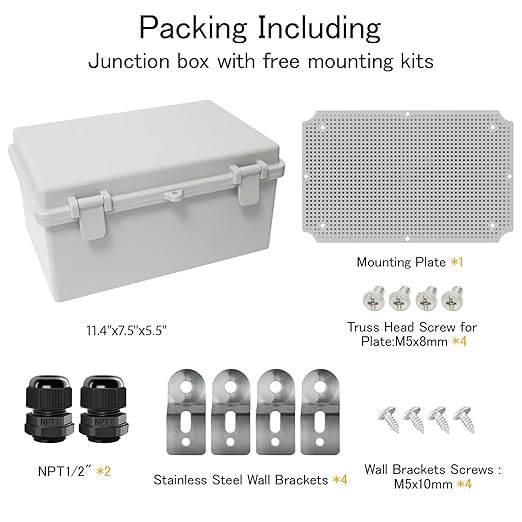 Junction Box IP65 Waterproof Electrical Box Outdoor ABS Plastic Project Box Hinged Shell Universal Enclosure Box with Mounting Plate, Wall Brackets, Cable Glands 11.4" x 7.5" x 5.5"