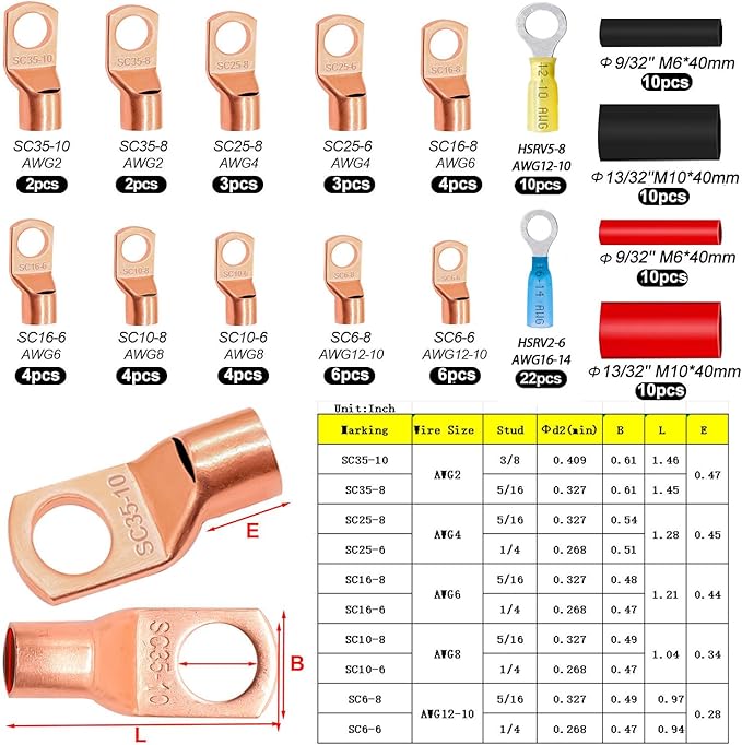 Taiss 110PCS Copper Wire Lugs,battery lugs AWG 2/4/6/8/10/12/14/16 Gauge Copper lugs Assortment,Battery Cable Ends Copper Ring Terminals Connectors with Heat Shrink