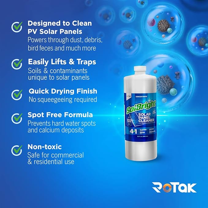 Rotak SolBright 4-in-1 Solar Panel and Window Cleaner Solution For PV Solar Panels and Glass Spot Free Quick Dry Non-toxic Cleans Up to 10 Solar Systems (32 oz)