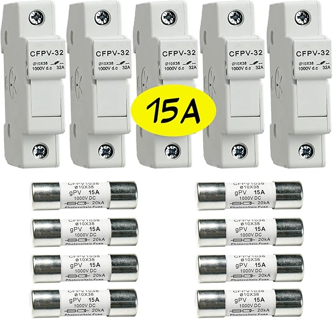HQRP Combo: 5-Pack Solar PV CFPV-32 DIN Rail Fuse Holder, 1-32Amp, 1000VDC and 8-Pack Photovoltaic Fast Acting Fuse Links CFPV-1038, gPV Type, 15 Amp 1000V DC, 10x38mm, 20kA IR, Solar PV Ceramic Fuses
