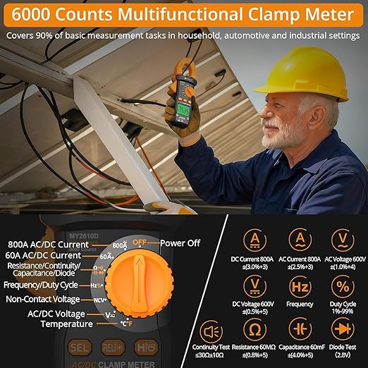 Neoteck Clamp Meter 6000 Counts Clamp Multimeter 800A AC/DC Current&Voltage Multimeter with TRMS Capacitance Continuity Resistance NCV Diode Frequency for Home Electrical,Automobile,Industrial,HVAC