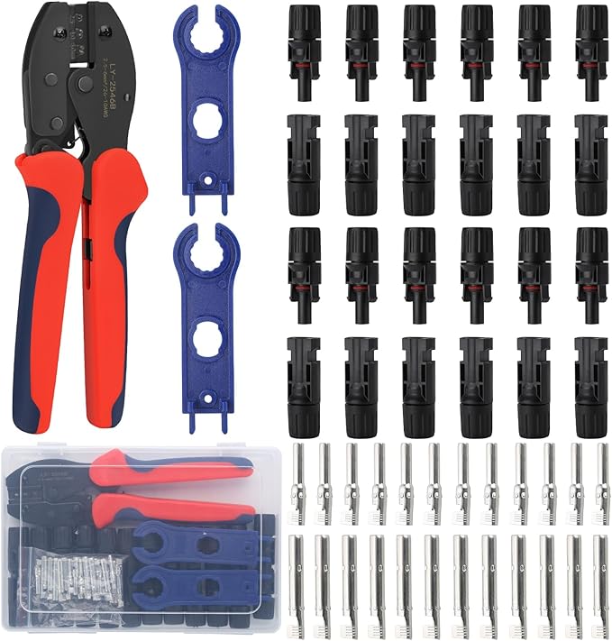 Solar Crimping Tool Kit for 2.5/4/6mm²/10-14AWG, with 12 Pairs Male Female Solar Panel Cable Connectors, 2 PCS Spanner Wrench