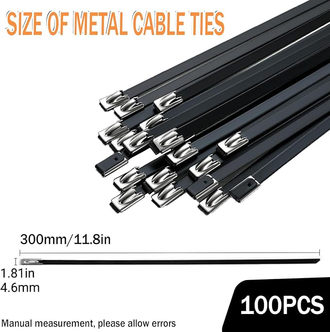 100PCS Heavy-Duty Metal Zip Ties, 11.8 Inch Black Stainless Steel Locking Cable Ties, UV Resistant for Fence, Pipe, Exhaust, Vehicle, Farm & Industrial Use