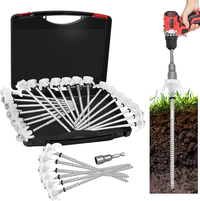 20-Pack 8 Inch Screw Tent Stakes with Glow-in-The-Dark Hex Driver & Storage Case - Heavy Duty Coil Ground Anchors for Camping, Beach, Sand, Snow - Reflective Tent Pegs for All Terrain Tents