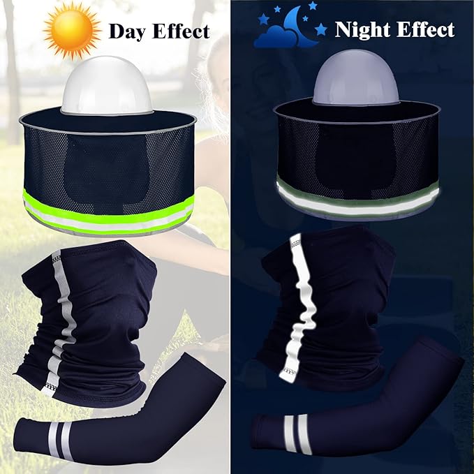 SATINIOR 3 Pcs Sun Hard Hat Neck Protection High Visibility Full Brim Mesh Sun Protection Bandana Headband Arm Sleeves with Reflective Strap for Construction Helmet Hard Hat(Navy Blue)