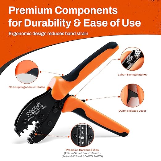 Solar Crimper Tool Kit for AWG8-12 Cable -23 PCS Solar Panel Connectors Kit with Ratcheting Crimping Tool Pliers, 12 Pairs of AWG8-14 Solar Connectors, 2 Wrenches, Bag