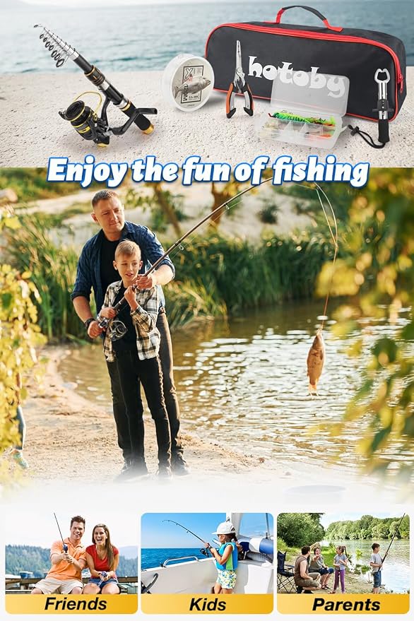 Fishing Pole Combo Set, 6.89ft Fishing Rod and Reel Combo, Carbon Fiber Telescopic Fishing Rod Kit with Spinning Reel, Fishing Pliers, Lip Gripper, Line, Lures for Beginner Angler