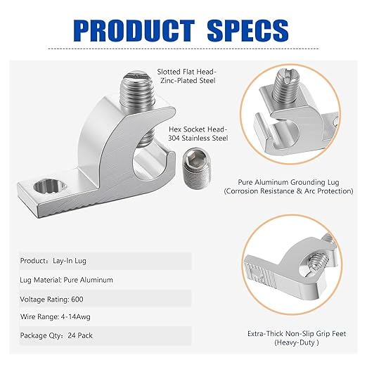 Lay in Connector Pool Bonding Lug, 24 Pack Aluminium Lay-in Clamps with 304 SS Screws for Grounding Swimming Pools Spas and Conduits, 4-14 Wire Range