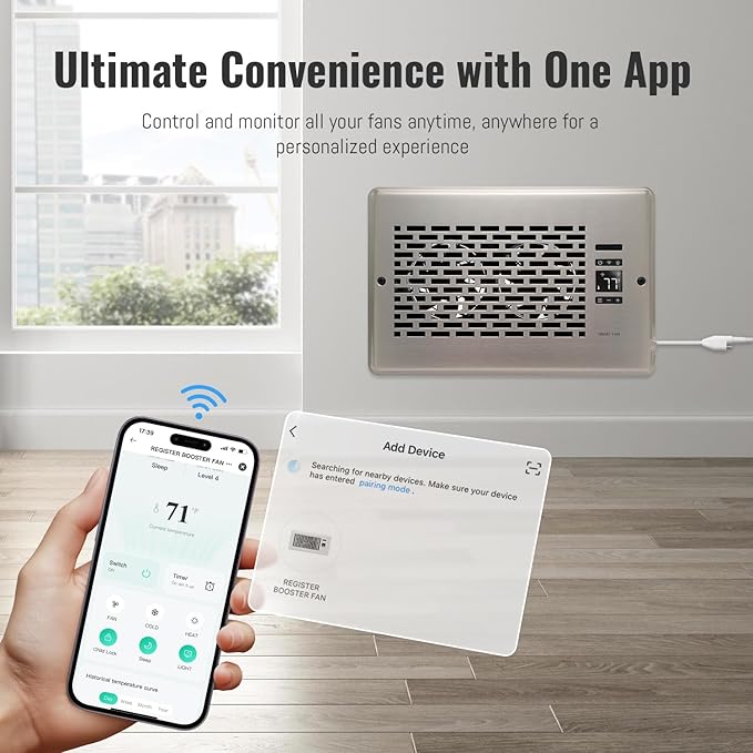 Register Booster Fan for 6" x 10" Register Holes, Quiet Vent Fan Booster with Intelligent Thermostat, Improves Heating Cooling, App Control, 10-Speeds, Manhattan Smart Register Vent, SN