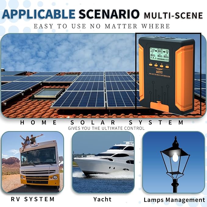 80A 180V MPPT Solar Charge Controller 12V/24V/36V/48V Auto, Heat-Dissipating Metal Housing, Dual Fans, and LCD Display, for LiFePO4, Gel, Lithium, SLD, FLD, and Ternary Battery