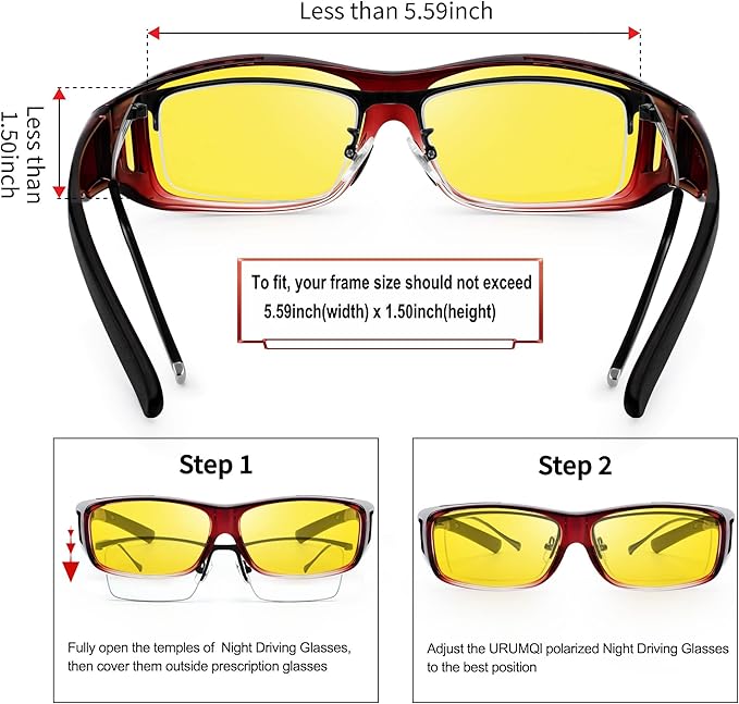 URUMQI Night Vision Driving Glasses Fit Over Eyeglasses for Men Women, Anti Glare Polarized Nighttime Glasses Yellow Lens