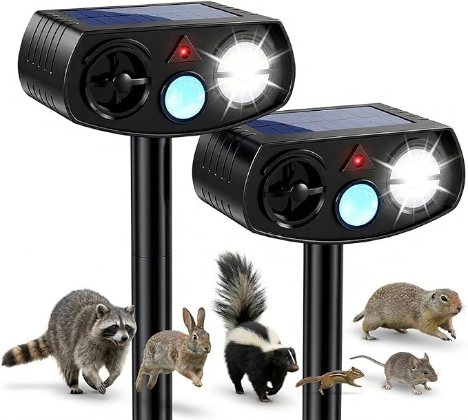 AWISH Solar Ultrasonic Animal Repeller Outdoor, Motion Sensor Waterproof Pest Deterrent, Raccoon Skunk Fox Squirrel Gopher Rabbit Dog Repellent for Yard Garden Farm, 40ft 120° Coverage, 2 Pack Black
