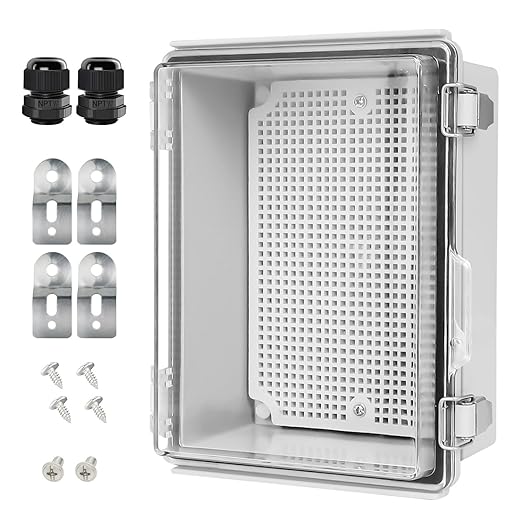 LeMotech Electrical Box, IP67 Waterproof Hinged Clear Cover Stainless Steel Latch Junction Box, ABS Plastic Electrical Enclosure with Mounting Plate,Wall Brackets, Cable Glands,8.2"x6.3"x3.9", Grey