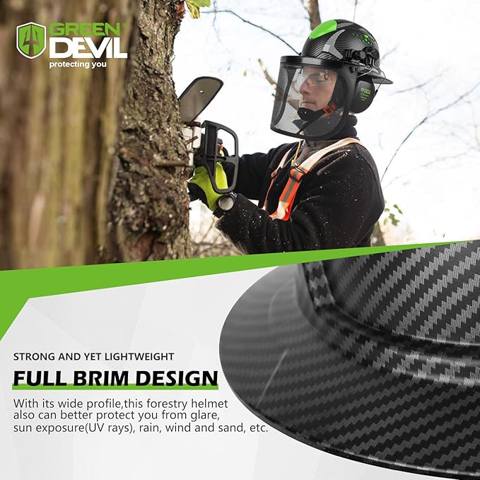 GREEN DEVIL Industrial Chainsaw Helmet with Face Shield Built in Visor and Ear Muffs 4 in 1 System ANSI Z89.1 Safety Hard Hat Adjustable Headgear Ideal for Forestry and Arborist Work Full Brim Style