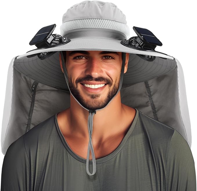 Chuarry Wide Brim Sun Hat with 2 Fan Outdoor Solar Powered USB Charging Fishing Hat with Neck Flap for Men Women