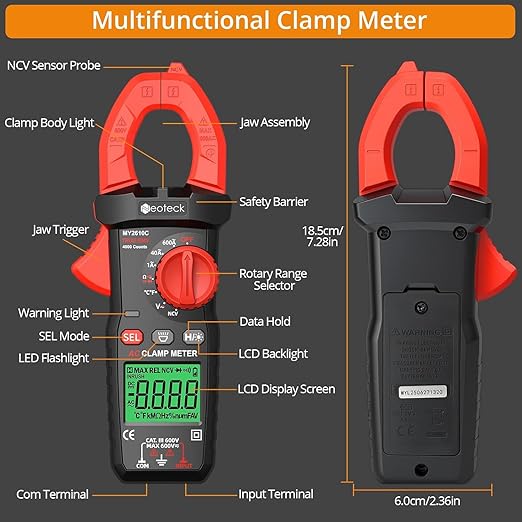 Neoteck Clamp Meter 4000 Counts Amp Meter for TRMS AC Current AC/DC Voltage 600A Auto Range Digital Multimeter with Capacitance Continuity Resistance NCV Diode Test for Car Electric Cabinet