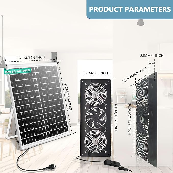 Solar Exhaust Fan,25W Solar Panel with 3PCS Ventilation Fans Kit,Solar Powered Fan for Shed,Chicken Coop,Attic & Greenhouse Intake or Exhaust Air,3500RPM, 15FT Cord,IP67 Waterproof
