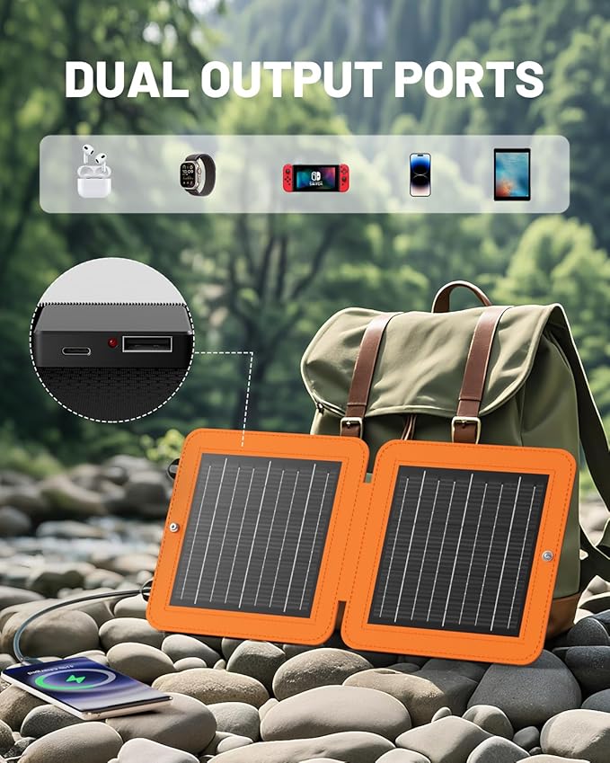 Solar Panels, 10W Small Solar Charger with 5V USB-A and USB-C Fast Charging IPX5 Waterproof Foldable Portable Solar Panel for Camping, Hiking Compatible with iPhone, iPad, Power Banks