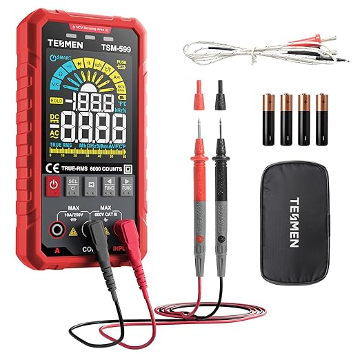 TESMEN TSM-599 Smart Digital Multimeter, Auto&Manual Measurement, TRMS 6000 Counts, Voltmeter with NCV, Voltage&Current, Resistance, Continuity, Diode, Capacitance, Hz%, Temperature, Live Wire - Red