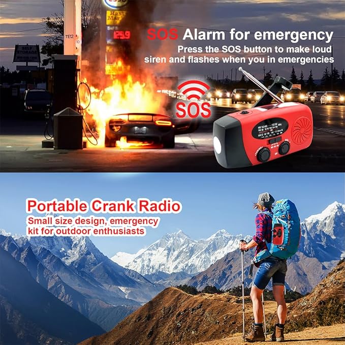 Emergency Hand Crank Radio, 2000mAh/7400mWh NOAA Weather Radio Battery Operated, Solar Radio Flashlight Cell Phone Charger, LED Reading Lamp, SOS Alarm for Home, Outdoor Emergencies